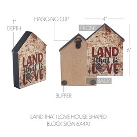 VHC Brands Patriotic Land That I Love House Shaped Block Sign 6x4x1, Independence Day Decor, Decorative Sign, Rustic Farmhouse Fourth of July Decorations, Dark Tan, Burgundy, Navy Blue