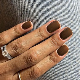 Brown Press on Nails Short Square Fake Nails Fall False Nails Press ons with Solid Color Design,Reusable Artificial Nails with Jelly Glue,Glossy Full Cover Stick on Nails for Women Manicure 24 Pcs