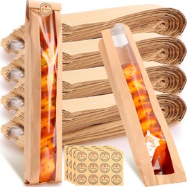 Qilery 240 Sets Paper Bread Bag with Window 3.54 x 1.8 x 23.6 Inch Homemade Bread Bags Brown Long French Bakery Bags with Label Sealing Stickers for Bakery Food Baking