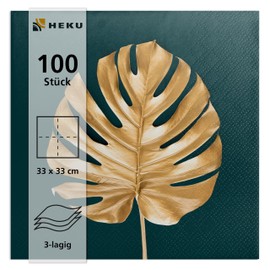 HEKU 100 napkins, 3-ply, 33 x 33 cm, absorbent and practical packaging, made in Europe, ideal for weddings, anniversaries and special occasions, golden leaf