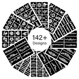 12 Sheets Henna Tattoo Kit, 142 Pieces Temporary Tattoo Stencils Realistic Tattoo Stickers for Face Colour Body Art