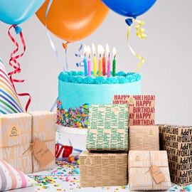 Birthday Wrapping Paper, 6 Sheets Brown Kraft Happy Birthday Wrapping Paper for Women Female Men Girls Boys, Recycled gift Wrapping Paper with Stickers Tags for Birthday Party Baby Shower, 70 x 50CM