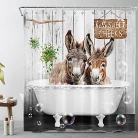 ECOTOB Funny Donkey Shower Curtain for Bathroom, Rustic Farmhouse Animals Green Plant on Grey Board Bathroom Curtain, Hello Sweet Cheeks Shower Curtain Polyester Fabric with Hooks, 72L X 72W Inches