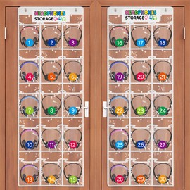 2 Pack Classroom Headphone Storage Organizer with 30 Pockets, PVC Clear Classroom Pocket Chart for Headphone Cell Phone Over-the-Door Hanging Headphone Holder Bag with 62 Labels(White)