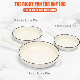Nonstick Enameled Cast Iron Cookware - 3 enameled cast iron skillet 8-Inch, 9.5" Frying Pan & 11-Inch Large Cookware, Healthy Non Toxic Cooking Pan, PFOA PFAS PTFE Free, White