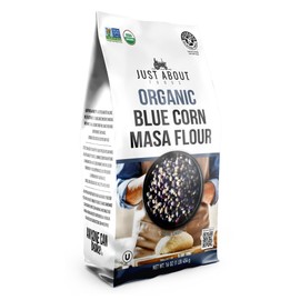 USDA Organic Blue Corn Flour 1lb, Flour for Tortillas, Sopes, and Mexican Dishes, Gluten-Free, Kosher and Vegan, Masa Flour for Baking, Just About Foods