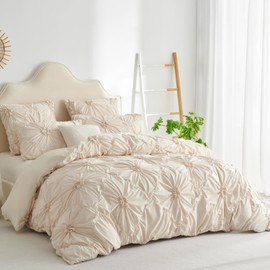 Freyamy 2-Piece Pintuck Bedding Set, Pinch Pleat Bed Linen, 100% Microfiber, Soft, for Girls, 135 x 200 cm Duvet Cover and 80 x 80 cm Pillowcase, with Zip, Beige