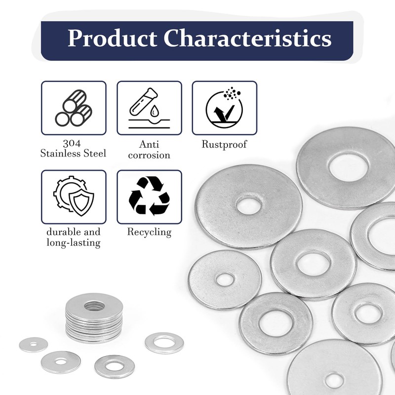 ZQZ 108Pcs Flat Washers, 304 Stainless Steel Fender Washers Assortment,