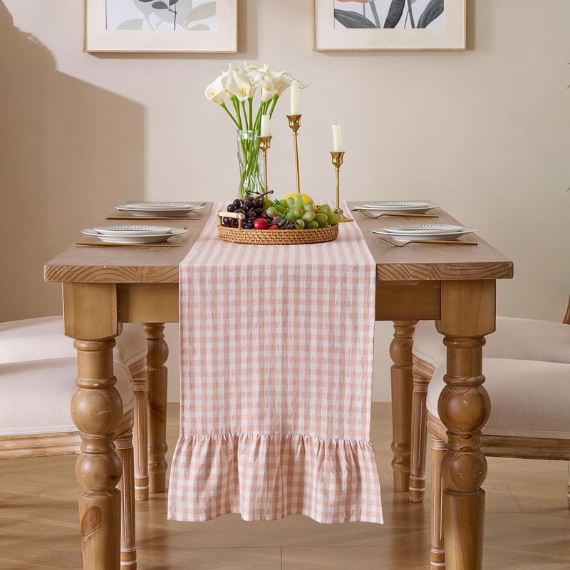 Cobedzy Plaid Gingham Ruffle Table Runner, Pink 13" x 72"