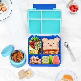 Aimsnk Bento Lunch Box for Kids with 9oz Soup Thermo Leak-Proof Lunch Food Container with 5 Compartment Thermo Hot Food Jar and Insulated Lunch Bag for Kid Toddler Girls Boys to School(Blue)