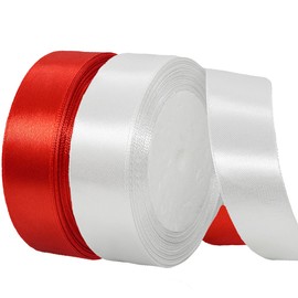 2 Rolls Satin Ribbon 20 mm Wide White, Gift Ribbon White and Red Ribbon Fabric Satin Ribbons for Bouquets, Gift Wrapping, Christmas, Wedding and DIY Crafts