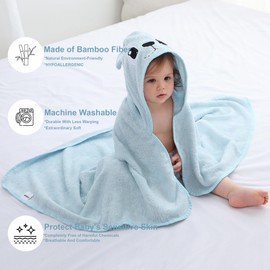 HAHASHOW Boys Girls Bamboo Viscose Hooded Bath Towel, Hand Towel with Cute Animal Design, Large and Absorbent Toddler Towels for Newborns, Blue Dog Infant 75 x 75 cm