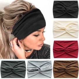 SAWINDA 6 Pack Wide Headbands for Women Boho Twist Knotted Head Bands Elastic Stretchy Hair Bands Non-Slip for Girls Vintage Knotted Head Wraps Turbans Yoga Workout Hair Accessories (Solid)