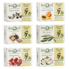 Aphrodite Olive Oil Soap Set 6-Piece Set with Natural Soap. Soap with 100% Greek Olive Oil (Mango & Papaya, Argan, Olive Leaves, Pomegranate, Donkey Milk) Soap Bar - Core Soap - Hand Soap