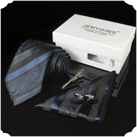 JEMYGINS Striped Luxury Necktie with Clip, Cufflinks and Pocket Square, Gift for Business, Job Hunting, Wedding, School Entrance Ceremonies, Graduations, After-Parties, Father's Day, Gift Box Included, navy, M