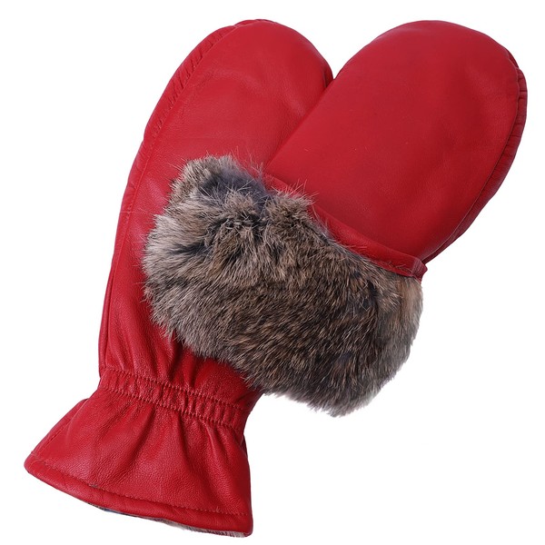 NOVBJECT Women Leather Mittens Finger Rabbit fur Lining Winter Sheepskin