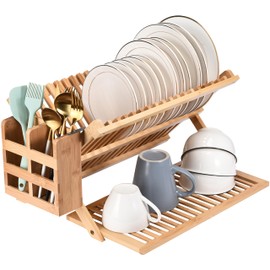 2LB Depot Bamboo Dish Drying Rack - Collapsible Wooden Drainer for Kitchen Counter - Wood Utensil Dryer - Foldable Dish Rack Holder Fit Up to 20 Plates - Folding Wood Kitchen Accessory