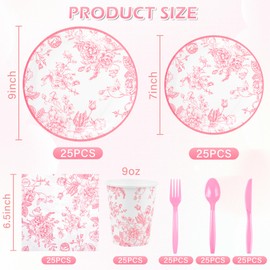 175Pcs Pink Floral Paper Plates and Napkins 25 Guests Pink White Toile Chinoiserie Party Supplies Set Include Plates Napkins Cups Plastic Spoons Forks Knives for Birthday Wedding (175, Pink Floral)
