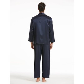 LilySilk Men's Silk Pajama Set 16 Momme 100% Silk Full Length Luxury Sleepwear S, Navy Blue
