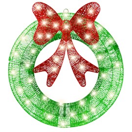 Ogrmar 24in Outdoor Christmas Wreath Decoration, LED Metal Bow Christmas Wreath Decoration, Lighted Xmas Decor, Pre Lit Lights Holiday Decor