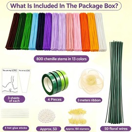 800 PCS Pipe Cleaners Flower Kit, Pipecleaner Flowers Supplies, 13 Colors