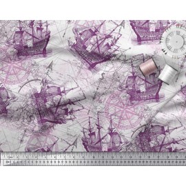Soimoi Cotton Voile Fabric Ship & Direction Compass Nautical Print Sewing Fabric metre 56 Inch Wide