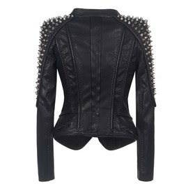 LFSS Women's Punk Rivet Motorcycle Jacket Fashion Zipper Asymmetric Studded Perfectly Shaping Faux Leather Biker Coat (2XL, Black)