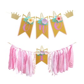 Abaodam High Chair Banner for 1st Birthday Party Decoration Supplies - First Birthday Banner Boy Girl Decorations Flower Art Party Swallow Tail Bunting Flag for Baby Kids