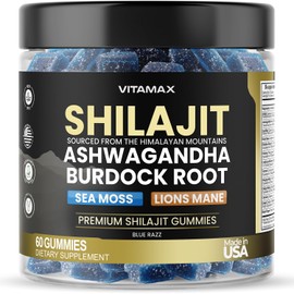 Organic Shilajit Gummies, Sea Moss, Ashwagandha, 105+ Trace Minerals – Organic Burdock Root & Lions Mane Mushroom - Blue Razz – Vegan & Non-GMO – Made in USA – 60ct