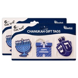 Hanukkah Gift Tags - 12 Hanging Chanukah Gift Tags - Assorted Hannukah Menorah and Dreidel Design - Blue Gift Tags