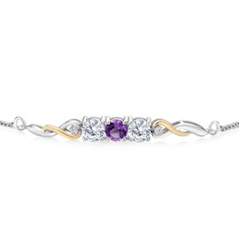 925 Sterling Silver and 10K Yellow Gold Purple Amethyst White Moissanite and White Lab Grown Diamond Tennis Bracelet For Women (1.50 Cttw, Gemstone February Birthstone, Fully Adjustable Up to 9 Inch)