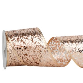 DINDOSAL Rose Gold Wired Ribbon 2.5 Inch Rose Gold Christmas Tree Ribbon Glitter Sequin Metallic Mesh Wired Christmas Ribbon for Wreaths Topper Bows Crafts Gift Wrap Holiday Decor- 10 Yards (30Ft)