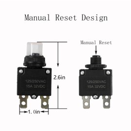 Tiwerlfe 5pcs Push Button Reset 15 Amp Circuit Breakers with Manual Reset 32VDC, Trolling Motor Plug Stabilizer AC125-250V with Quick Connect Terminals