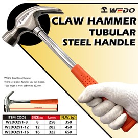 WEDO Claw Hammer with Tubular Steel Handle, Framing Hammer, 16 oz, length 322mm, Hammer and Nails Tool with Tubular Steel Handle, Multifunctional Safety Hammer for Household Maintenance