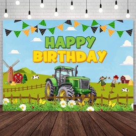 AIBIIN 7x5ft Tractor Birthday Backdrop for Boys Happy Birthday Photography Background Green Grass Farm Flag Red Barn Truck Party Decorations Banner Photo Studio Props
