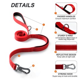 TwoEar 6FT 1IN Strong Red Dog Leash with 2 Padded Handles, Traffic Handle Extra Control, Comfortable Soft Dual Handle, Auto Lock Hook, Reflective Walking Lead for Small Medium and Large Dogs