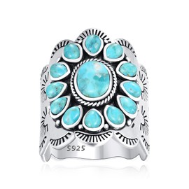 Phyonio Turquoise Ring for Women 925 Sterling Silver Vintage Boho Statement Rings with Pear Shaped and Oval Turquoise Stones Valentine Day Ring Size 7