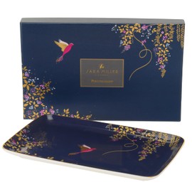 Portmeirion Sara Miller Chelsea Trinket Tray - 7.4 Inch Fine China Tray with 22 Karat Gold, Hummingbird Design in Dark Blue for Cheese Board - Decorative Gift-Boxed Serveware or Vanity Accent