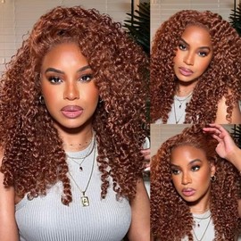 YIROO Auburn Brown 13x4 Curly Lace Front Wigs Human Hair Bleached Knots Jerry Curly HD Transparent Lace Frontal Wigs for Women 12A Brazilian Remy Hair Bleached Knots Pre Plucked 180% Density 24 Inch
