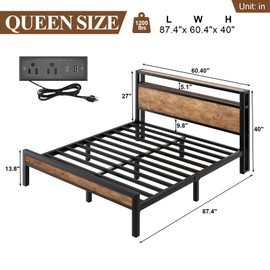 LoVinson Queen Size Bed Frame with Charging Station and LED Lights, Metal Platform Bed with 2-Tier Storage Headboard, Noise Free, No Box Spring Needed, Easy Assembly, Rustic Brown