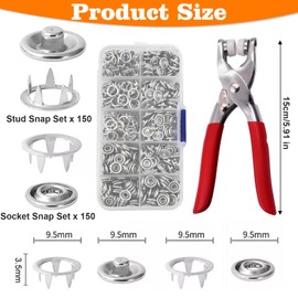 150 PCS Snap Button Fastener Kit, 9.5mm Metal Poppers Fasteners Kit, Press Studs Snap Fasteners No Sewing, Five Claw Buckle Tool for Sewing Crafts Children's Clothing