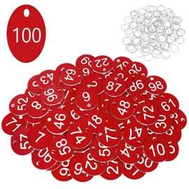 Flintronic 100Pcs Plastic Number with Key Rings, Engraved Numbered Tags, Plastic ID Tag Table Numbers, Discs Number-Tags for Office, Hotel, Mailbox, Dormitory (1-100 Red)