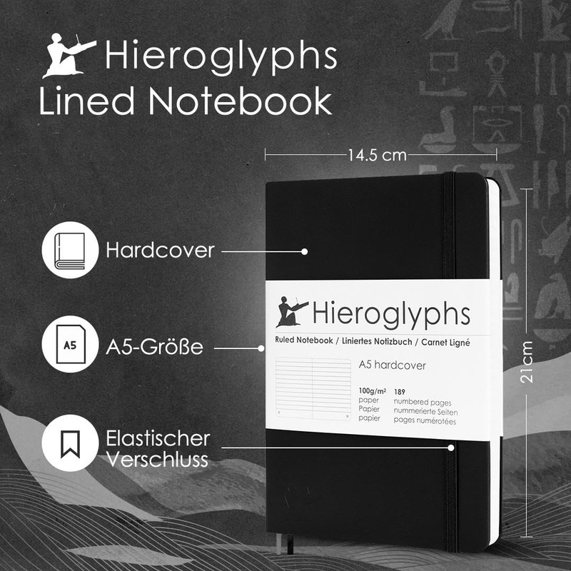 Hieroglyphs Notebook A5 Hardcover, 189 Numbered Pages, 3 Colours, Organiser