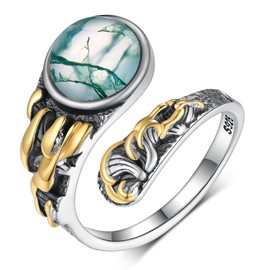 Moss Agate Spoon Ring S925 Sterling Silver Mushroom Ring Vintage Thumb Ring for Women