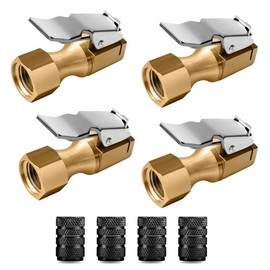 Brliantux Sets 1/4 inch NPT Brass Air Chuck Closed Flow Car Tire Chucks Heavy Duty Quick Lock on Tire Inflator Chuck with Clip Car Tool Nozzle Caps (4Sets Air Chuck+Cap)