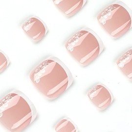 Square Toe Nail Press ons, Press on Toenails for Women Short Fake Toenails with White Flower Printing Design Fake Toe nails French Tip Toenail Press on nails 24Pcs