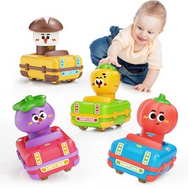 MOONTOY Press and Go Car Toys 1 2 Year Old Boys Birthday Gift, 4 Pcs Vegetable Racing Baby Car Toy for Toddlers 1-3 Infant Play Vehicle Set, Toddler Toy Age 12-18 Months 1st Birthday Gift for Boy Girl