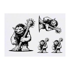 4 x 'Nordic Troll With Club' Temporary Tattoos - Water Resistant, Skin-Safe, Non-Toxic Transfers, Mixed Sizes (TO00076064)