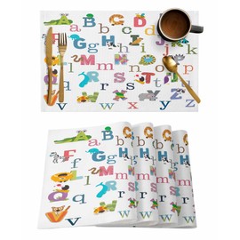 Placemats Funny Cartoon Alphabet with Animal Table Mats Set of 4,Washable Heat Tolerant Cute Children Letter Placemats for Indoor Kitchen Dining, Outdoor Party Dinner,13x19IN