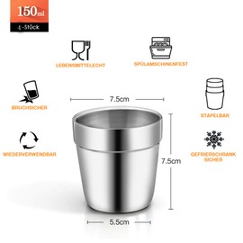 TEAMFAR Espresso Cups, Set of 4, Stainless Steel, Thick-Walled Double-Walled Drinking Cups, Tea Cups, Coffee Cups Set for Home, Party, or Camping, Unbreakable & Reusable, Dishwasher Safe, 150 ml